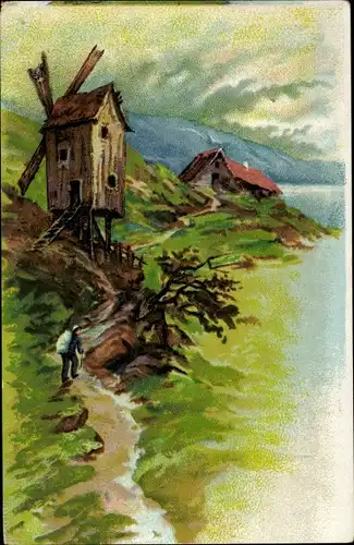 Künstler Ak Landschaft mit Windmühle