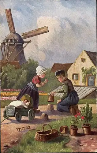 Künstler Ak Junge und Mädchen in Trachten, Windmühle, Gärtnerei, Blumenfeld