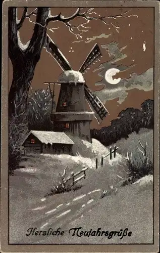 Ak Glückwunsch Neujahr, Winterlandschaft mit Windmühle