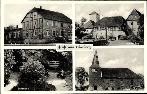Ak Warberg in Niedersachsen, Gasthaus zur Post, An der Burg, Gartenlokal, Kirche