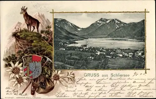 Wappen Passepartout Ak Schliersee in Oberbayern, Blick auf den Ort, Gemse, Edelweiß