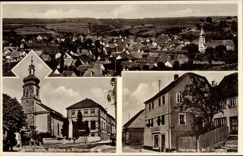 Ak Altheim in Baden, Gesamtansicht, Kirche, Schulhaus, Kriegerdenkmal, Handlung