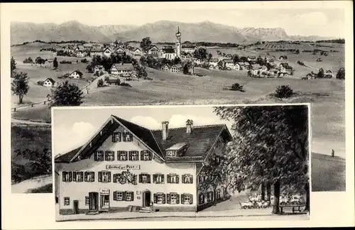 Künstler Ak Königsdorf in Oberbayerrn, Blick auf den Ort, Gasthof zur Post