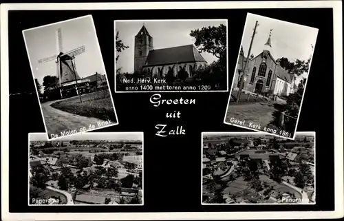 Ak Zalk Overijssel Niederlande, Kirche, Windmühle, Panorama