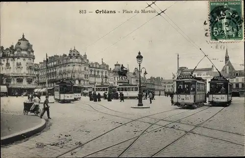 Ak Orléans Loiret, Place du Martroi, Straßenbahn-Linien Nr. 35 und 25