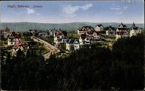 Ak Jocketa Pöhl Vogtland, Blick über den Wald zum Ort