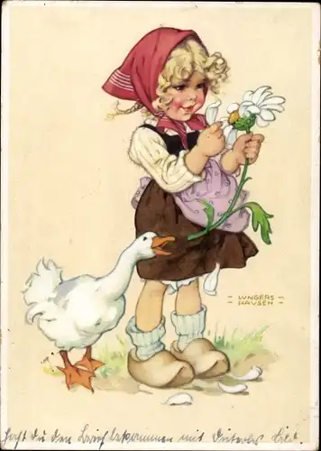 Künstler Ak Lungershausen, Ilse Wende, Mädchen mit Blume, Gans