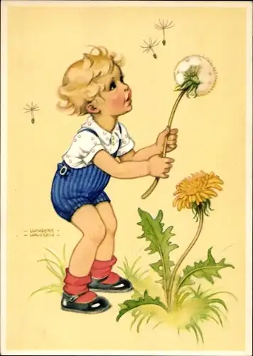 Künstler Ak Lungershausen, Ilse Wende, Junge mit einer Pusteblume, Löwenzahn
