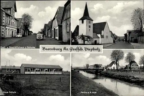Ak Barenburg in Niedersachsen, Neue Schule, Partie an der Aue, Kirche, Gast und Geschäftshaus