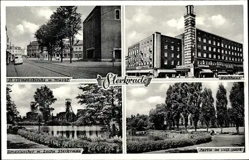 Ak Sterkrade Oberhausen im Ruhrgebiet, St. Clemenskirche, Markt, Hochhaus, Volkspark, Zeche