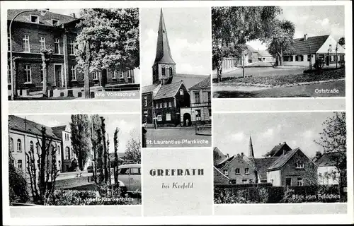 Ak Grefrath am Niederrhein, Volksschule, Krankenhaus, Pfarrkirche, Ortspartie