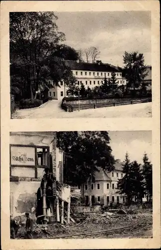 Ak Berggießhübel in Sachsen, Partie am Johann Georgen Bad vor und nach dem Unwetter 1927, Zerstörung