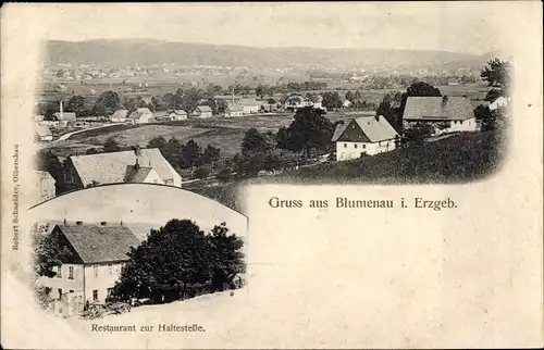 Ak Blumenau Olbernhau im Erzgebirge Sachsen, Panorama, Restaurant zur Haltestelle