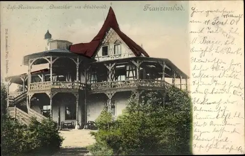 Ak Františkovy Lázně Franzensbad Reg. Karlsbad, Cafe Restaurant Amerika im Stadtwald