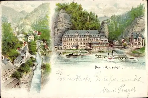Litho Hřensko Herrnskretschen Elbe Reg. Aussig, Blick auf den Ort