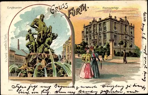 Litho Fürth in Mittelfranken Bayern, Freimaurerloge, Kunstbrunnen