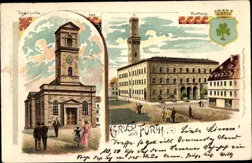 Litho Fürth in Mittelfranken Bayern, Kath. Kirche, Rathaus