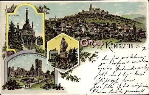 Litho Königstein im Taunus, Blick auf den Ort, Kriegerdenkmal, Kirche, Bergfestung