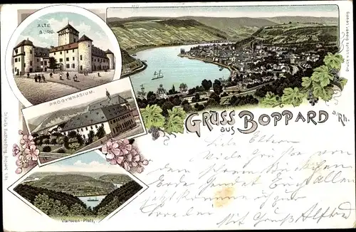 Litho Boppard am Rhein, Burg, Progymnasium, Vierseen Platz, Blick auf den Ort