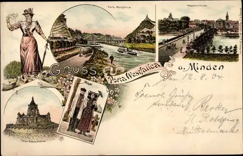 Litho Porta Westfalica in Nordrhein Westfalen, Minden, Kaiser Wilhelm Denkmal, Weserbrücke