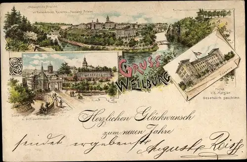 Litho Weilburg an der Lahn Hessen, Kaserne, Kettenbrücke, Schlossterrasse, Tor, Glückwunsch Neujahr