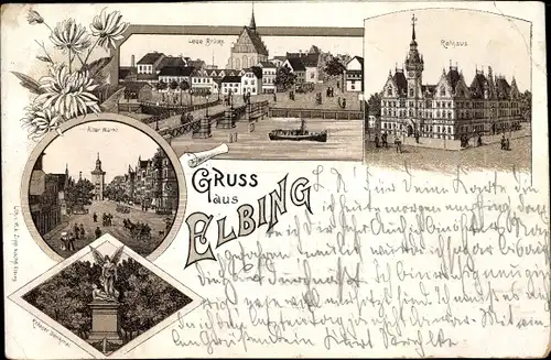 Litho Elbląg Elbing Westpreußen, Brücke, Alter Markt, Rathaus, Kriegerdenkmal