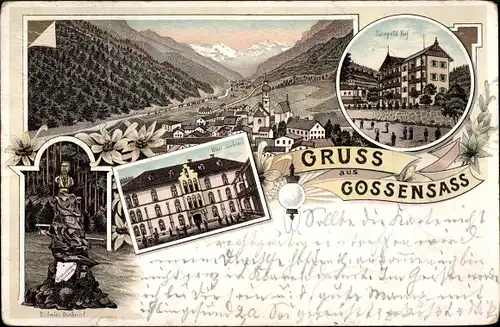 Litho Gossensaß Brenner Brennero Südtirol, Leopold Hof, Hotel, Denkmal, Panorama