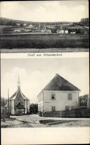 Ak Valy Schanzendorf Krompach Krombach Region Reichenberg, Panorama, Kapelle, Haus