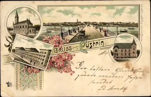 Litho Kostrzyn nad Odrą Cüstrin Küstrin Ostbrandenburg, Kaserne, Friedenskirche, Brücke