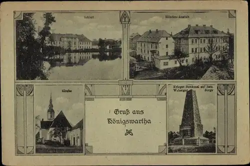 Ak Königswartha in der Oberlausitz, Kriegerdenkmal, Blindenanstalt, Schloss, Kirche
