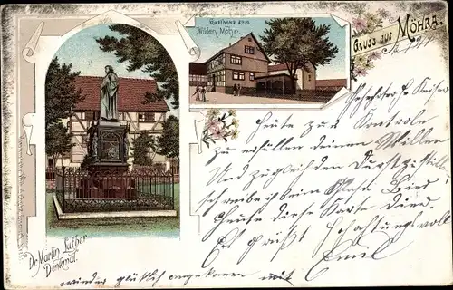 Litho Möhra Moorgrund Wartburgkreis, Dr. Martin Luther Denkmal, Gasthaus zum Wilden Mohr