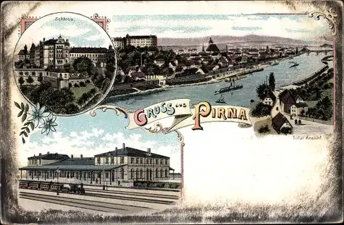 Litho Pirna an der Elbe, Bahnhof, Gleisseite, Blick auf den Ort, Schloss