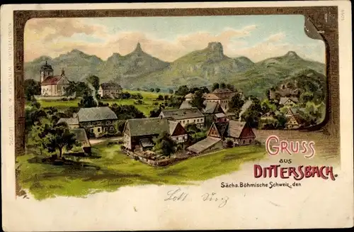 Künstler Litho Spindler, Erwin, Jetřichovice Dittersbach Reg Aussig, Ortschaft mit Landschaftsblick