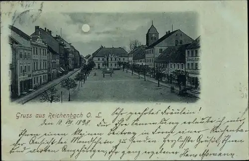 Mondschein Ak Reichenbach in der Oberlausitz, Blick auf den Markt