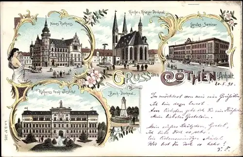 Litho Köthen in Anhalt, Rathaus, Höheres technisches Institut, Kirche, Bach Denkmal, Rathaus