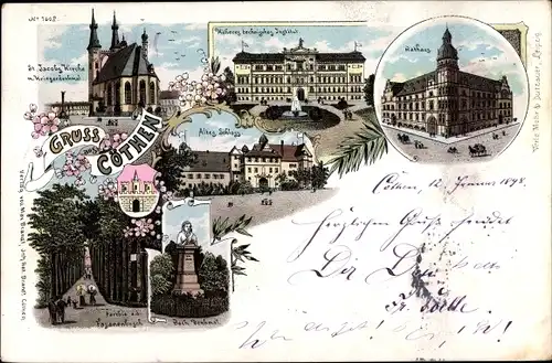 Litho Köthen in Anhalt, Rathaus, Höheres technisches Institut, Kirche, Bach Denkmal, Schloss
