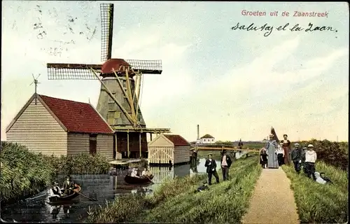 Ak Zaanstreek Nordholland, Ortspartie mit Windmühle, Ruderboote
