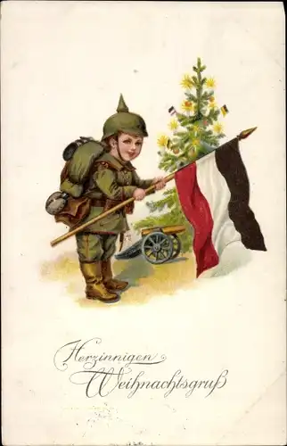 Litho Glückwunsch Weihnachten, Junge in Uniform, Tannenbaum, Fahne