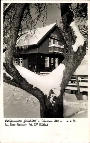 Ak Bad Wildbad im Schwarzwald, Waldgaststätte Grünhütte, Bes. Fritz Mütterer, Winter