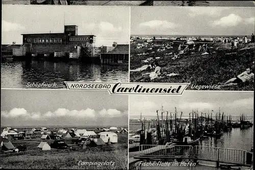 Ak Nordseebad Carolinensiel Wittmund in Ostfriesland, Schöpfwerk, Campingplatz, Liegewiese, Hafen