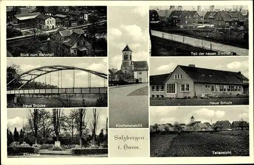 Ak Salzbergen in Niedersachsen, Blick zum Bahnhof, Kirche, Neue Schule, Ehrenmal, Neue Brücke