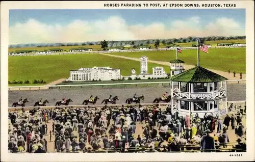 Ak Houston Texas USA, Horses parading to post, Epsom Downs, Pferderennbahn