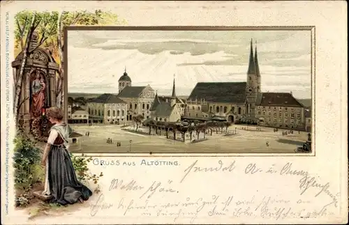 Präge Litho Altötting in Oberbayern, Marktplatz, Kirche