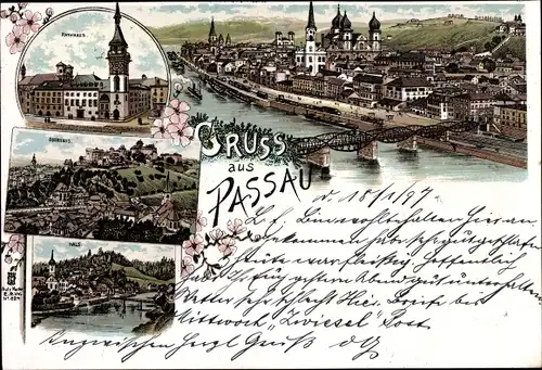 Litho Passau in Niederbayern, Rathaus, Oberhaus, Hals