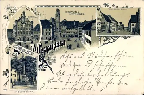 Litho Memmingen in Schwaben, Rathaus, Marktplatz, Bahnhofstraße, Kriegerdenkmal