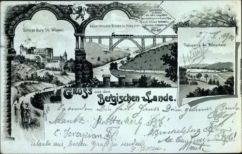 Ak Burg an der Wupper Solingen, Schloss, Kaiser Wilhelm Brücke Müngsten, Talsperre bei Remscheid