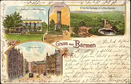 Litho Barmen Wuppertal, Luftkurhaus, Garten, Alter Markt, Terrasse, Tölleturm