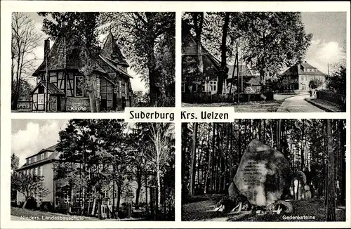 Ak Suderburg in der Lüneburger Heide, Kirche, Gedenksteine, Landesbauschule