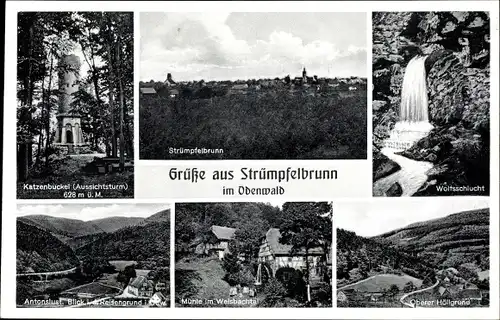 Ak Strümpfelbrunn Waldbrunn Odenwald, Teilansicht, Katzenbuckel, Mühle, Antonslust, Wolfsschlucht