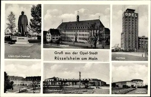 Ak Rüsselsheim in Hessen, Opel Hochbau, Adam Opel Denkmal, Opel Bahnhof, Marktplatz, Rathaus